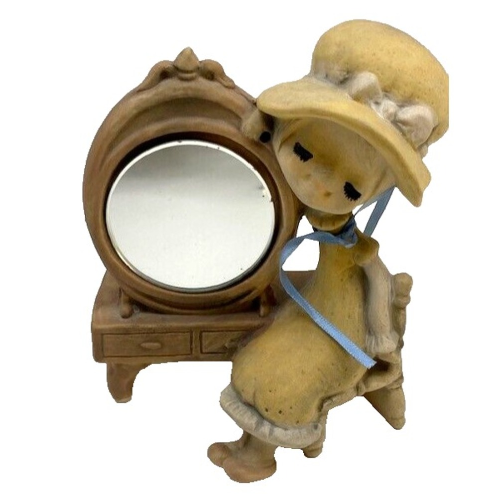 Vintage UCTCI Japan  Girl w/Big Yellow Hat Figurine at Vanity & Mirror 6 in